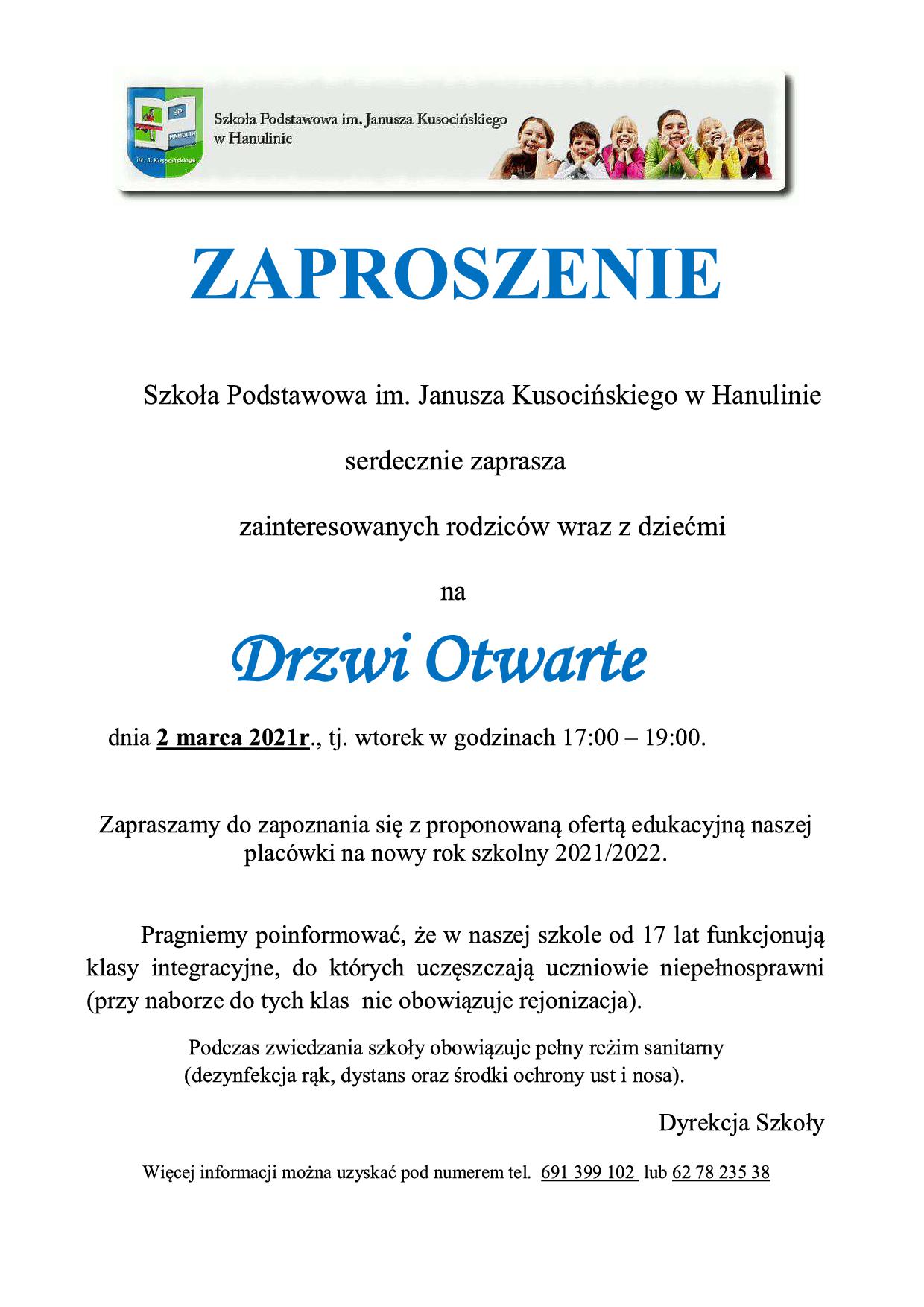 Zaproszenie - Drzwi Otwarte Szkoła Podstawowa im. Janusza Kusocińskiego w Hanulinie